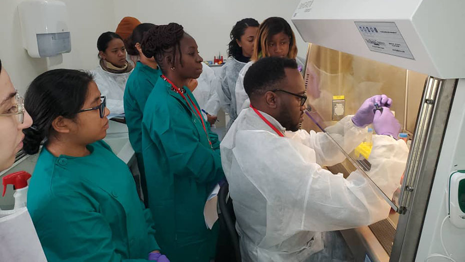 A group of lab technicians in white and green lab coats observe a colleague handling samples under a safety hood.