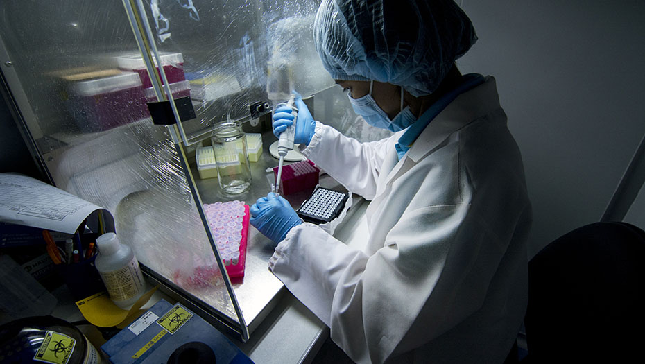 A laboratory technician wearing a white coat, cap and blue gloves works under a safety hood, handling samples with a pipette.