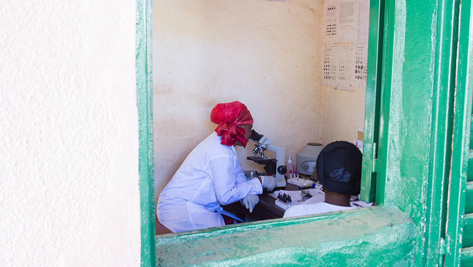 Deux personnes dans un laboratoire vu par une fenêtre, dont l’une utilise un microscope pour un diagnostic biologique.