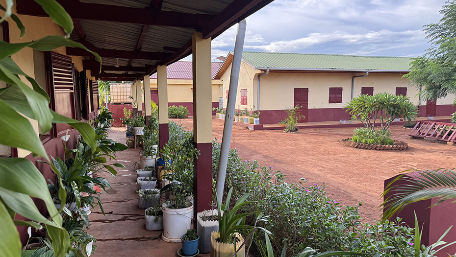 Vue d’une cour avec allée couverte, plantes en pot et bâtiments aux murs beiges et toits verts sur un sol en terre rouge.