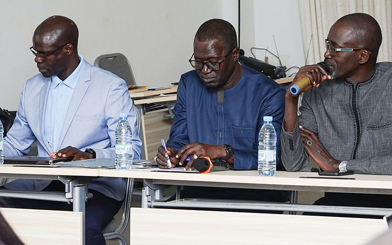 Three participants seated in a room during a RESAOLAB workshop, taking notes and using a microphone, with water bottles on the table.
